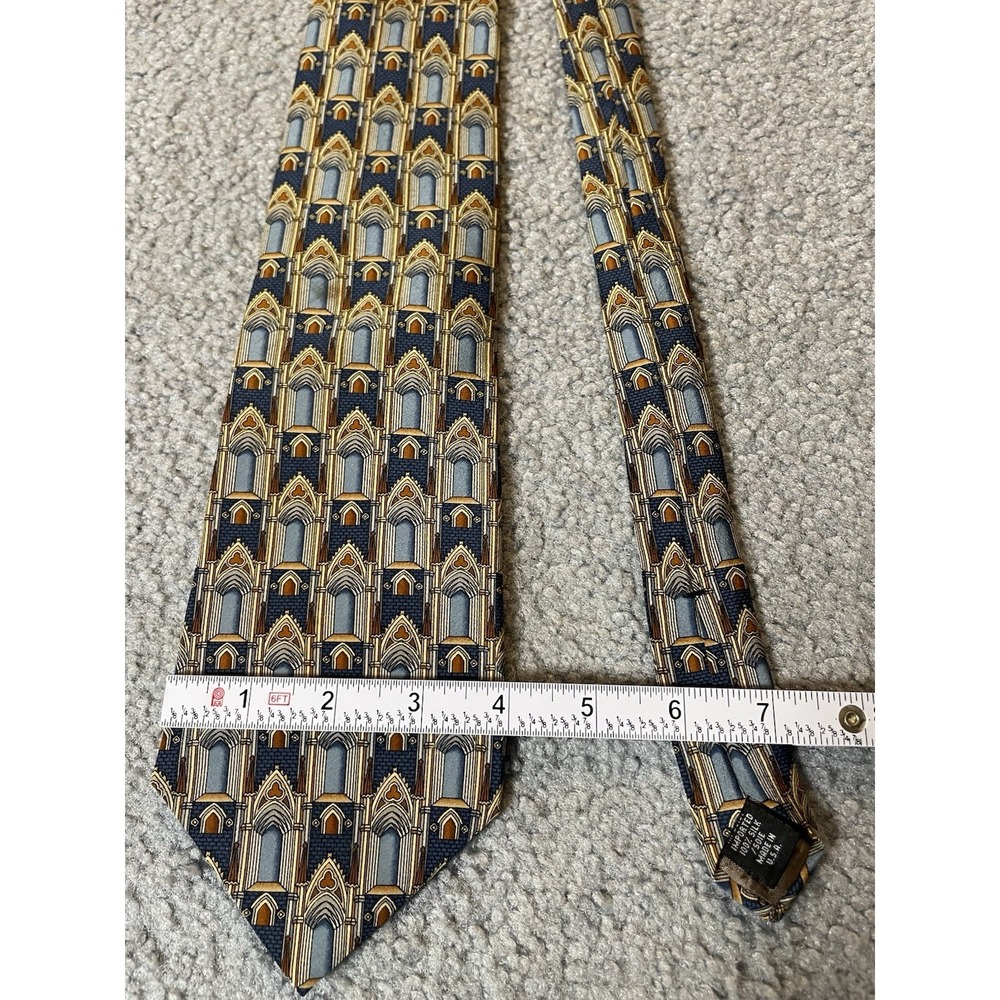 Vtg Unicef Silk Necktie Gothic Arches England Beige Navy USA Made - Picture 5 of 7